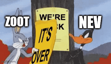 Bugs Bunny And Daffy Duck Are Holding A Sign That Says Zoot We 'Re Okay It 'S Over GIF