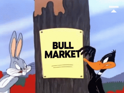 Bugs Bunny And Daffy Duck Are Looking At A Bull Market Sign GIF