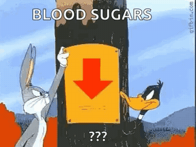 Bugs Bunny And Daffy Duck Standing Next To Blood Sugars Sign GIF