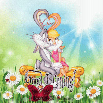 Bugs Bunny And Lola Bunny Are Sitting On A Couch With The Words Good Evening Below Them GIF