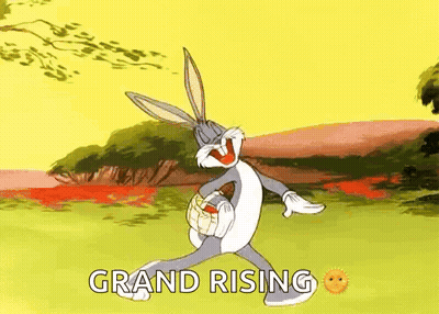 Bugs Bunny From Looney Tunes Is Dancing In A Field With The Words Grand Rising Written Below Him . GIF