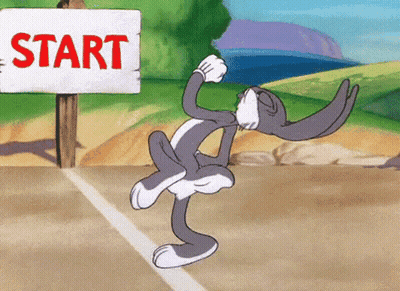 Bugs Bunny Is Dancing In Front Of A Sign That Says " Start " GIF