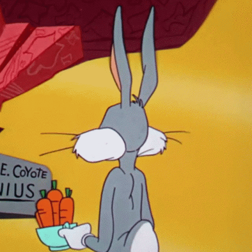 Bugs Bunny Is Holding A Bowl Of Carrots In Front Of A Sign That Says " E. Coyote Huis " GIF