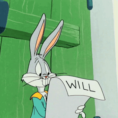 Bugs Bunny Is Holding A Piece Of Paper With The Word Will Written On It GIF