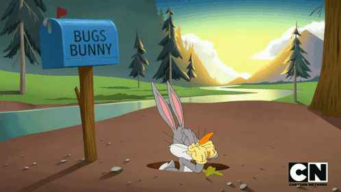 Bugs Bunny Is Laying In The Dirt Next To A Mailbox GIF