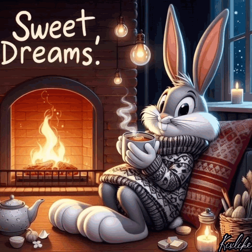 Bugs Bunny Is Sitting In Front Of A Fireplace Holding A Cup Of Hot Chocolate GIF