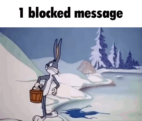 Bugs Bunny Is Standing In The Snow Holding A Wooden Bucket With The Words 1 Blocked Message Below Him GIF