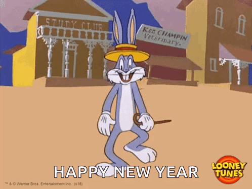 Bugs Bunny Is Wearing A Straw Hat And Holding A Cane And Says " Happy New Year " GIF