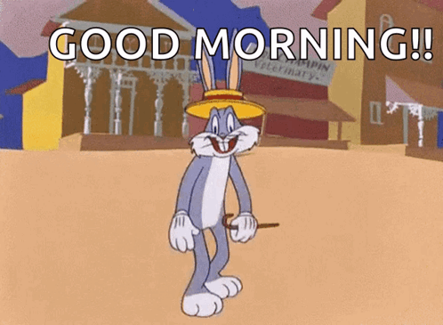 Bugs Bunny Is Wearing A Straw Hat And Holding A Sword And Says Good Morning GIF