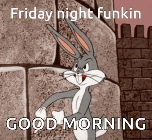 Bugs Bunny Says " Friday Night Funkin Good Morning " In Front Of A Brick Wall GIF