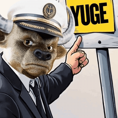Bull In Captain Hat Pointing At Yuge Sign GIF