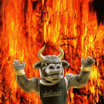 Bull Mascot In Bulls Jersey Standing In Front Of Fire GIF