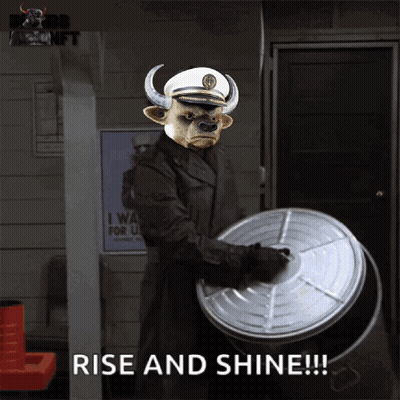 Bull Wearing Captain Hat Holding Trash Can Says Rise And Shine GIF