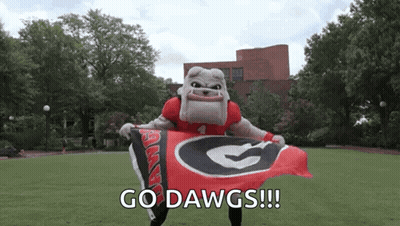 Bulldog Mascot Holding Flag Saying Go Dawgs