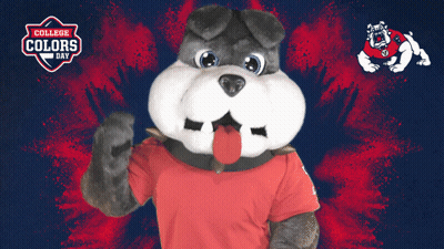 Bulldog Mascot In Front Of College Colors Day Sign GIF