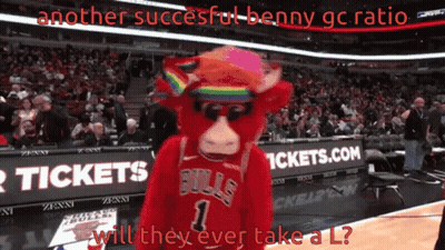 Bulls Mascot In Rainbow Hat In Front Of Tickets.com Banner GIF
