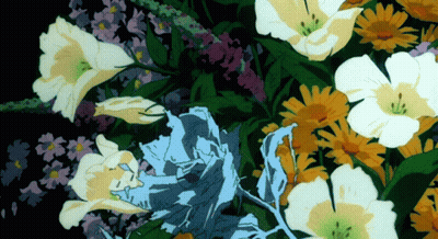 Bunch Of Flowers With Blue Flower On Dark Background GIF