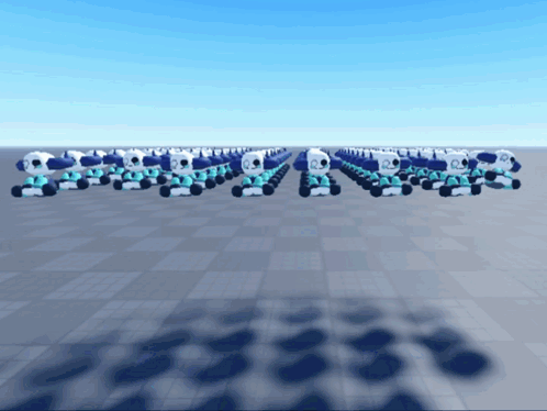Bunch Of Robots Lined Up On Checkered Floor GIF