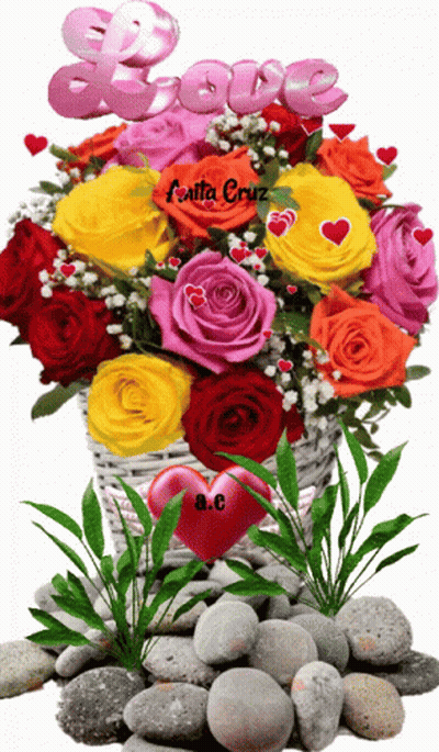 Bunch Of Roses In Basket With Love Above GIF