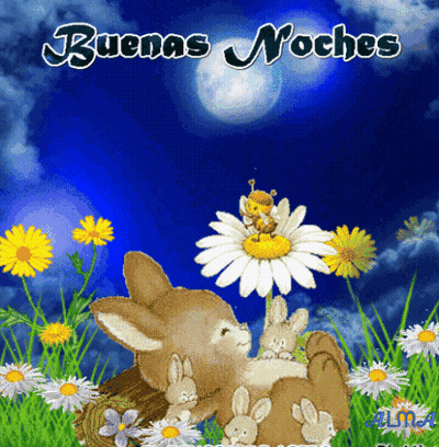 Bunnies Laying On Daisy Saying Buenas Noches GIF