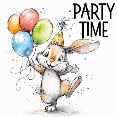 Bunny Holding Balloons Saying Party Time GIF