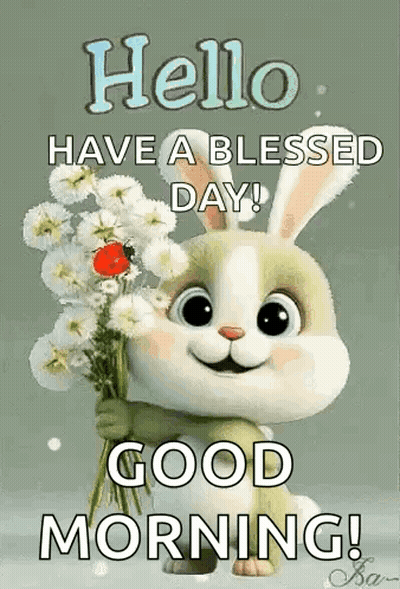 Bunny Holding Bouquet Of Flowers And Ladybug GIF
