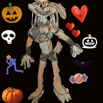 Bunny Surrounded By Halloween Pumpkin And Skull GIF