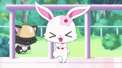 Bunny With Flower Dancing With Cat Behind GIF