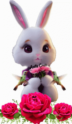 Bunny With Hummingbird And Roses GIF