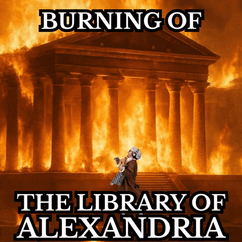 Burning Of The Library Of Alexandria Poster With A Man Holding A Baby GIF