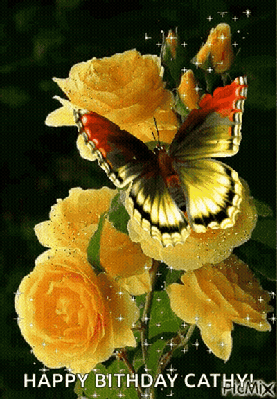 Butterfly On Yellow Rose Happy Birthday Cathy GIF