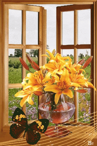 Butterfly Sitting On Window Sill Next To Yellow Lilies GIF