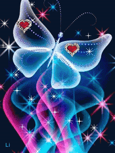 Butterfly With Red Hearts On Wings Surrounded By Stars GIF