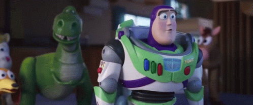 Buzz Lightyear And Rex From Toy Story Are Standing Next To Each Other In A Living Room . GIF