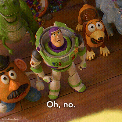 Buzz Lightyear And Slinky Dog From Toy Story Are Standing On A Wooden Floor GIF
