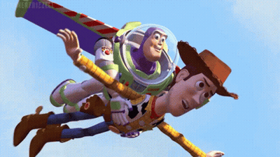 Buzz Lightyear And Woody From Toy Story Are Flying In The Air GIF