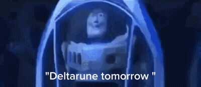 Buzz Lightyear From Toy Story Is In A Blue Space Suit And Says " Deltarune Tomorrow " . GIF