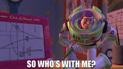 Buzz Lightyear From Toy Story Is Kneeling Down In Front Of A Magic Etch A Sketch GIF