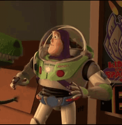Buzz Lightyear From Toy Story Is Standing In A Room With His Arms Crossed GIF