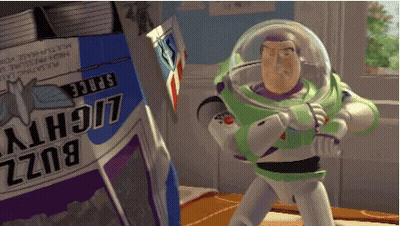Buzz Lightyear From Toy Story Is Standing Next To A Box Of Space Buzz Lightyear Cereal GIF