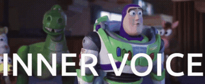 Buzz Lightyear From Toy Story Is Standing Next To A Dinosaur With The Words Inner Voice Written Below Him GIF