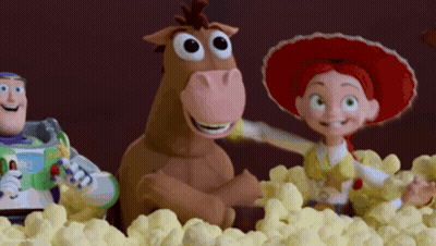Buzz Lightyear Jessie Bullseye Sitting In Popcorn GIF