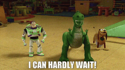 Buzz Lightyear , Rex , And Slinky From Toy Story Are Standing Next To Each Other On A Wooden Floor . GIF