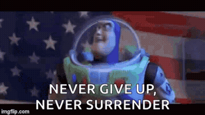 Buzz Lightyear Saying Never Give Up Never Surrender In Front Of American Flag GIF