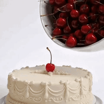 Cake With Cherry On Top And Bowl Of Cherries GIF