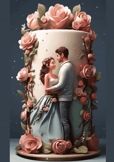 Cake With Man Woman And Pink Roses GIF