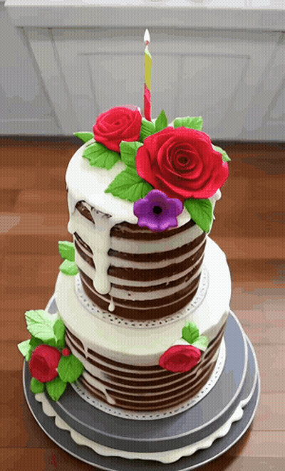 Cake With Red Roses And Candle GIF