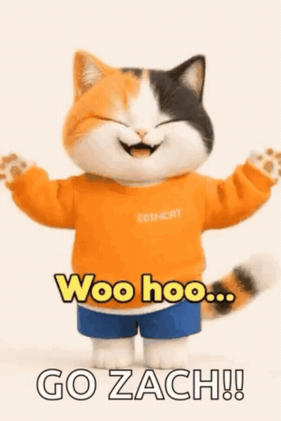 Calico Cat In Orange Sweater And Blue Shorts Laughing GIF