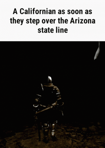 Californian Stepping Over Arizona State Line In Front Of Skeleton GIF