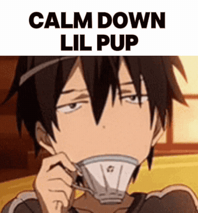 Calm Down Lil Pup Cartoon Drinking From Cup GIF